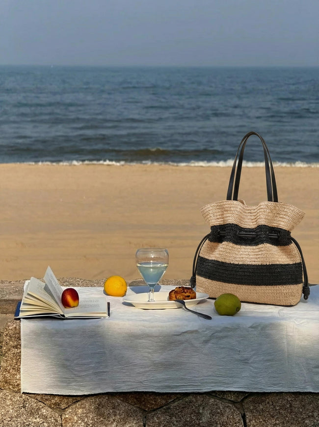Crochet Woven Drawstring Shoulder Tote