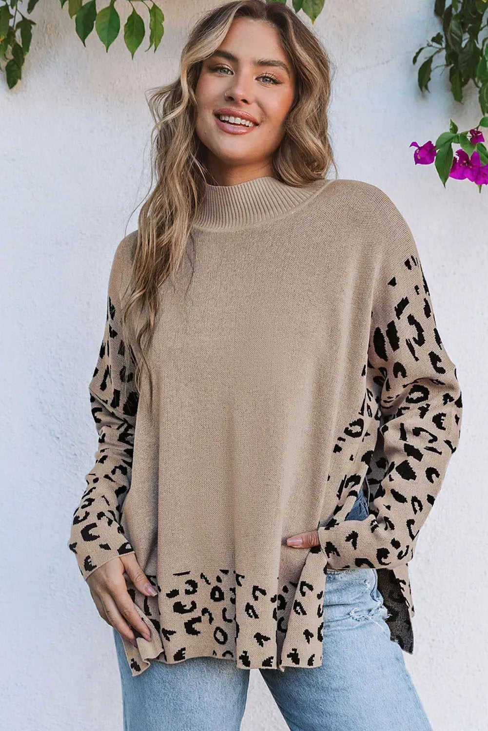 Wild Side Leopard Print High Neck Side Slit Oversized Sweater