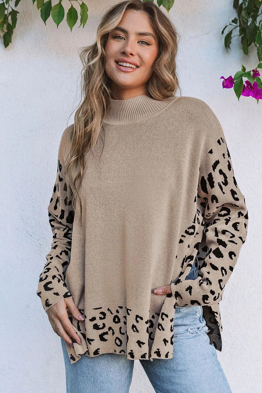 Wild Side Leopard Print High Neck Side Slit Oversized Sweater