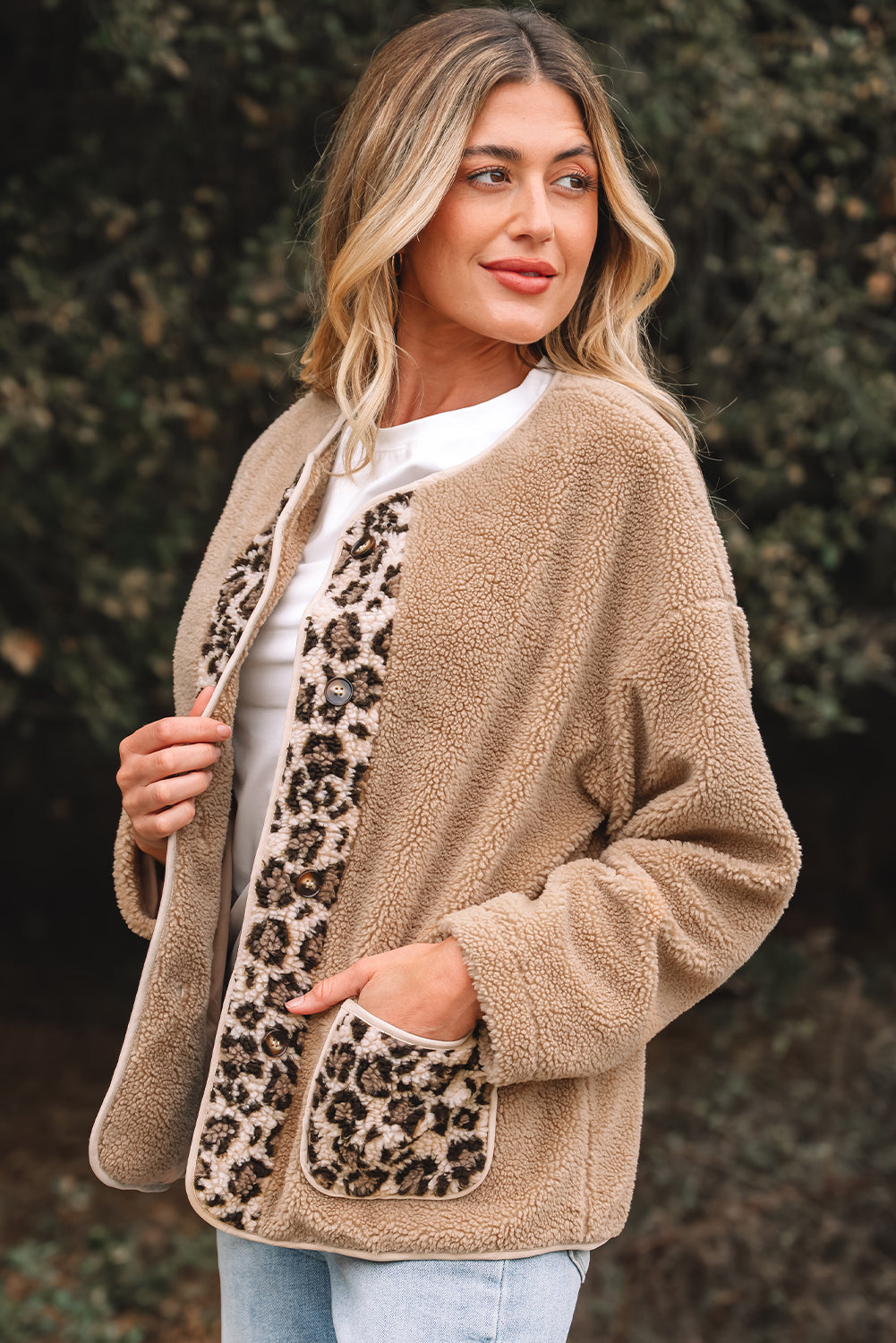 Leopard Trim Plush Pocket Jacket — Smoke Gray — product image 3