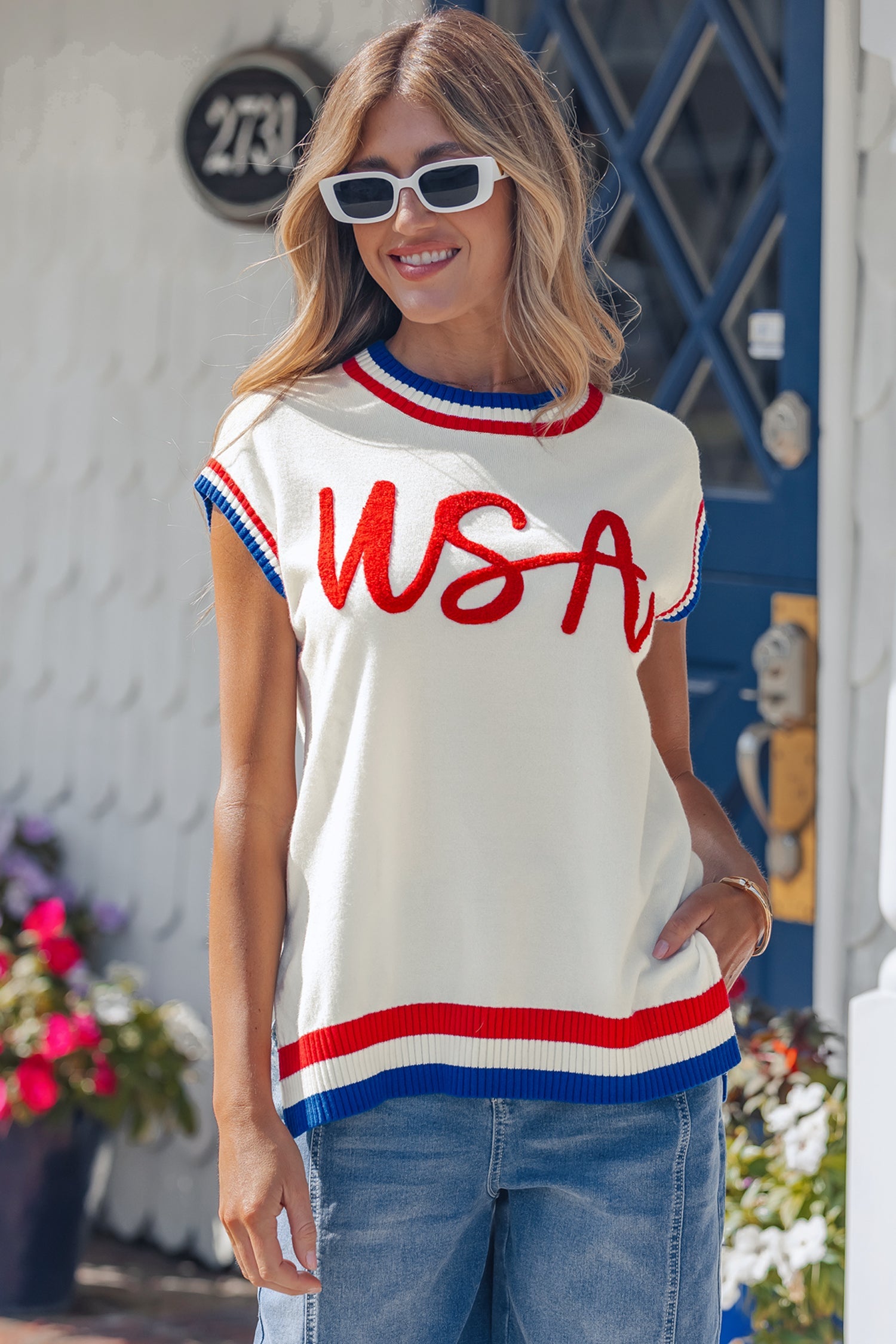 Varsity-Inspired USA Stripe Contrast Trim Sweater