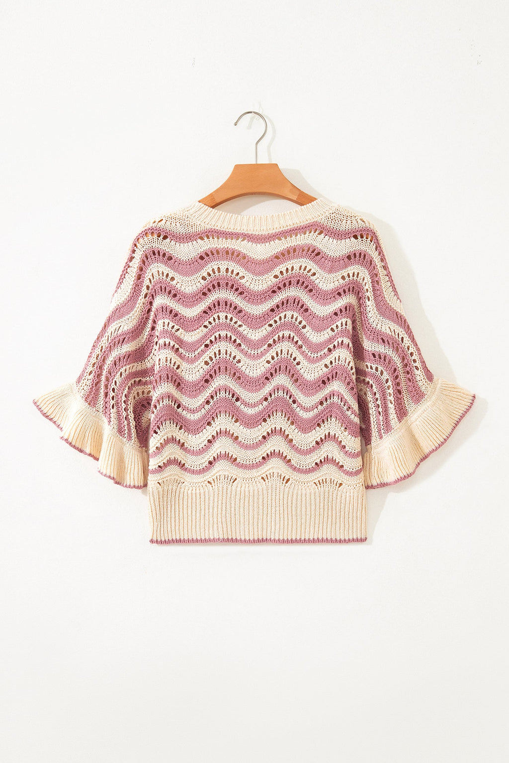 Wavy stripe crochet sweater with ruffle sleeves