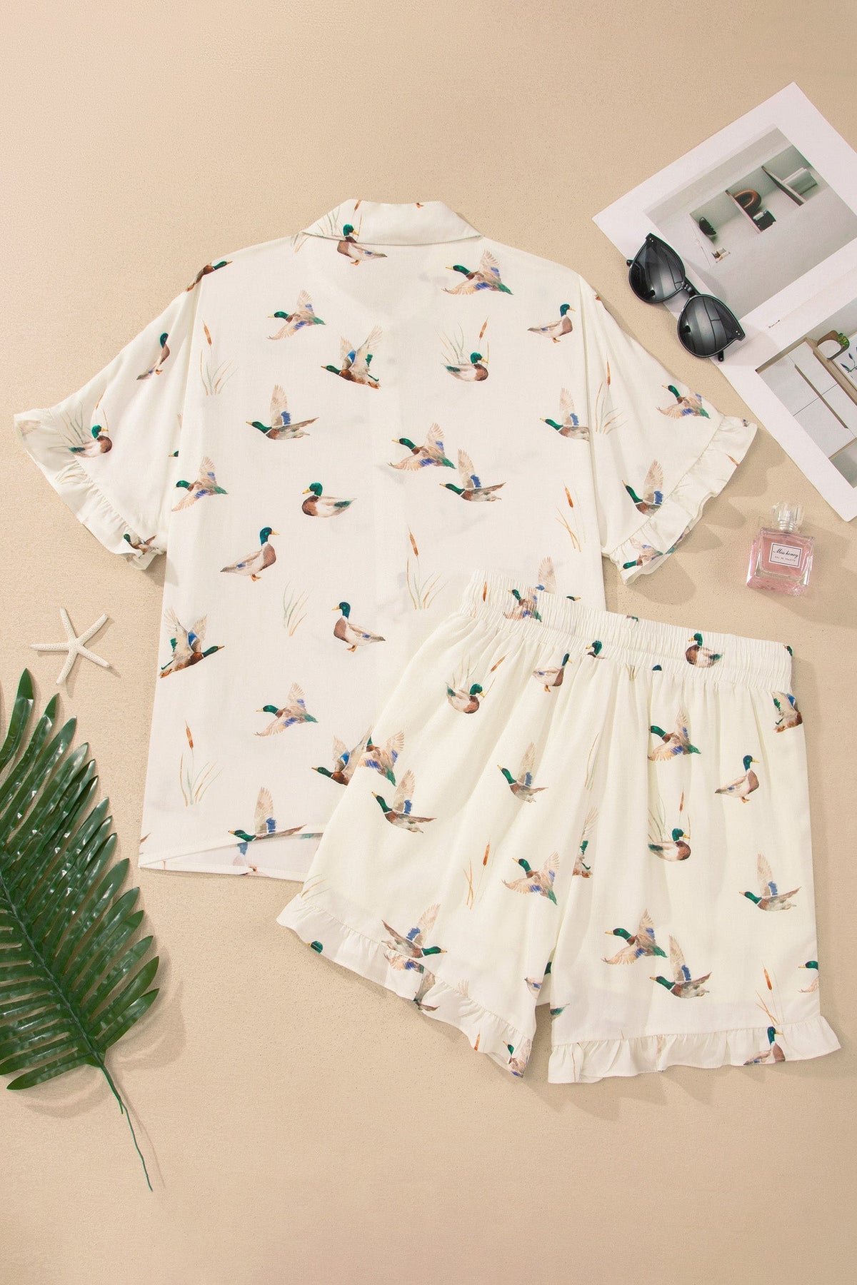 Mallard print ruffle-hem pajama shirt and shorts set