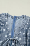 Polka Dot Denim Tie V-Neck Pleated Romper