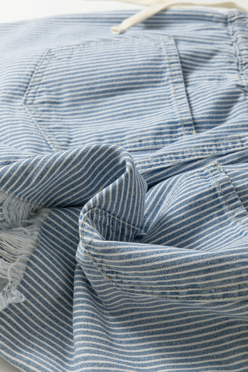 Stripe Denim Raw Edge Drawstring Shorts