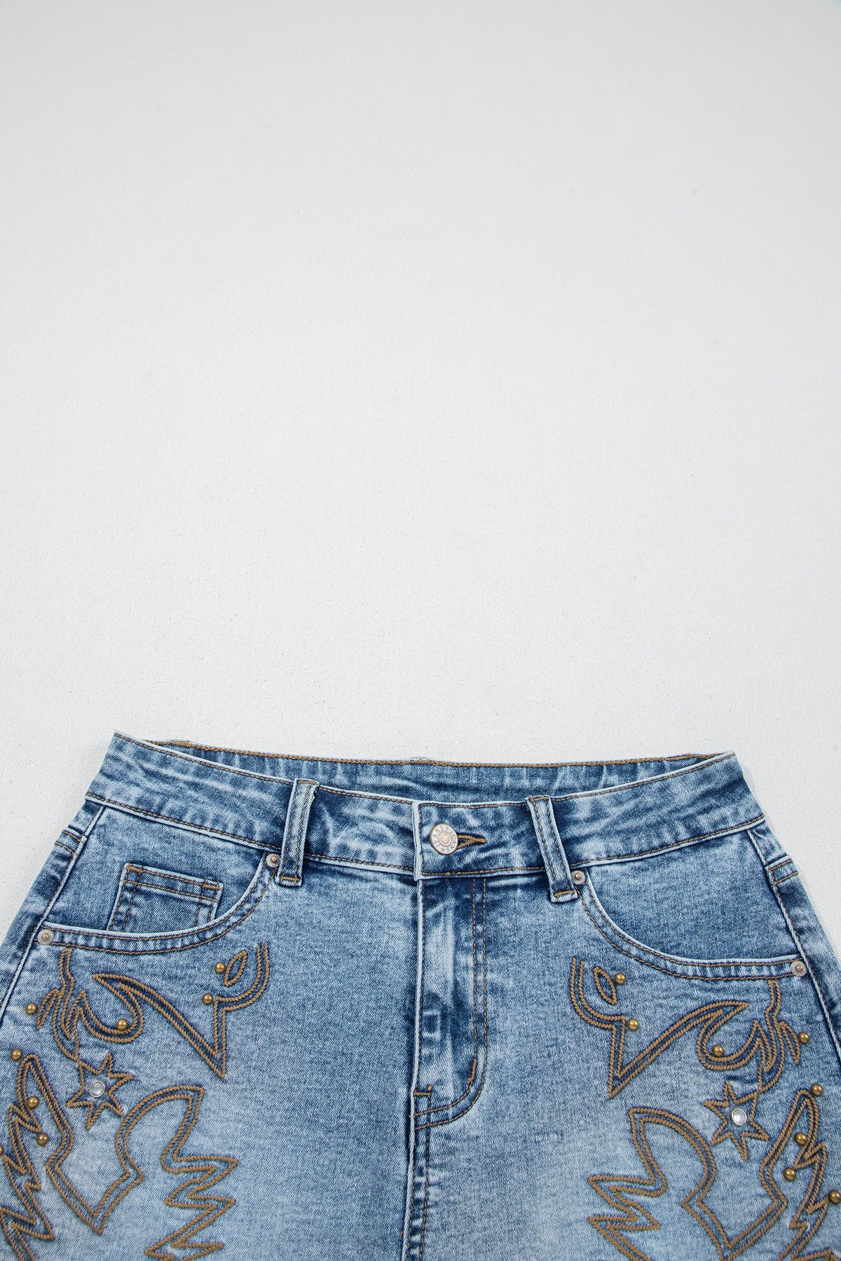 Western embroidered studded denim shorts with frayed hem