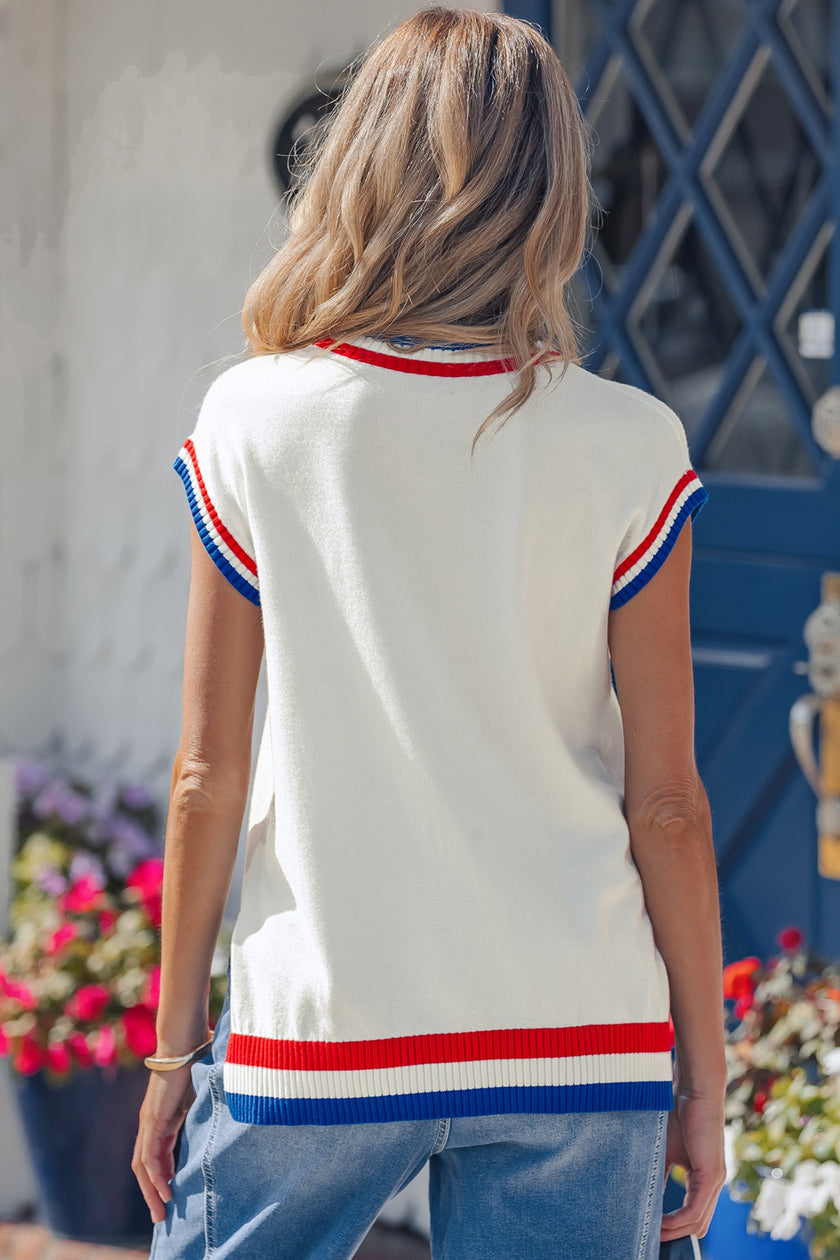 Varsity-Inspired USA Stripe Contrast Trim Sweater