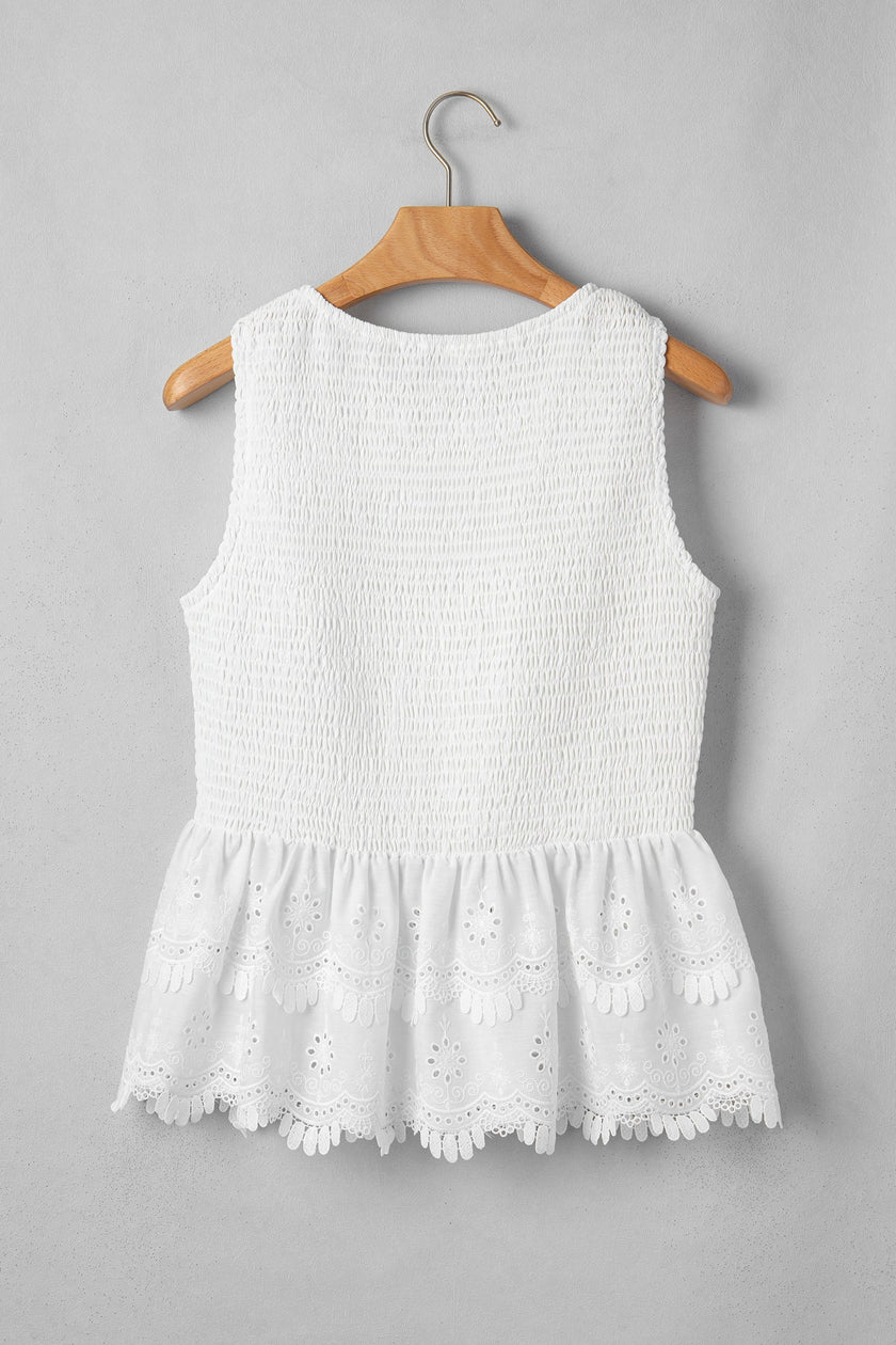 Smocked Lace Sleeveless Peplum Top