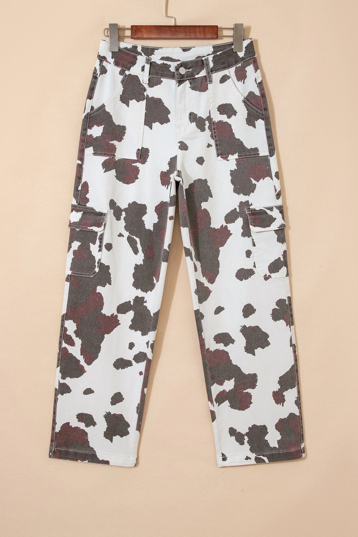 Cow spot western cargo jeans with oversized utility pockets