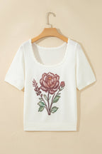 Western floral knit top with scalloped neckline