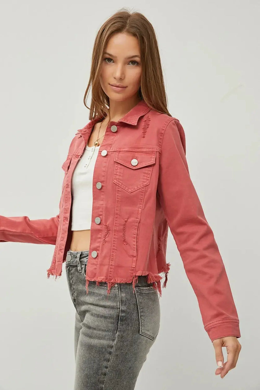 Adorable Cropped Denim Jacket With Raw Hem