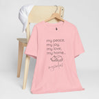 MySoulCat unisex tee with my peace, my joy, my love, my home cat design