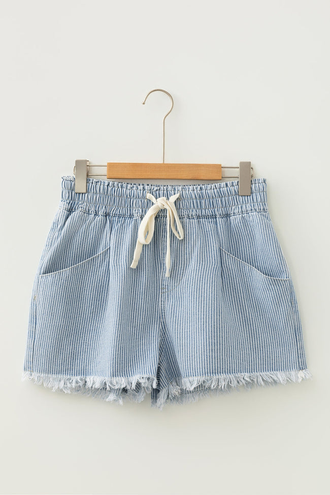 Stripe Denim Raw Edge Drawstring Shorts