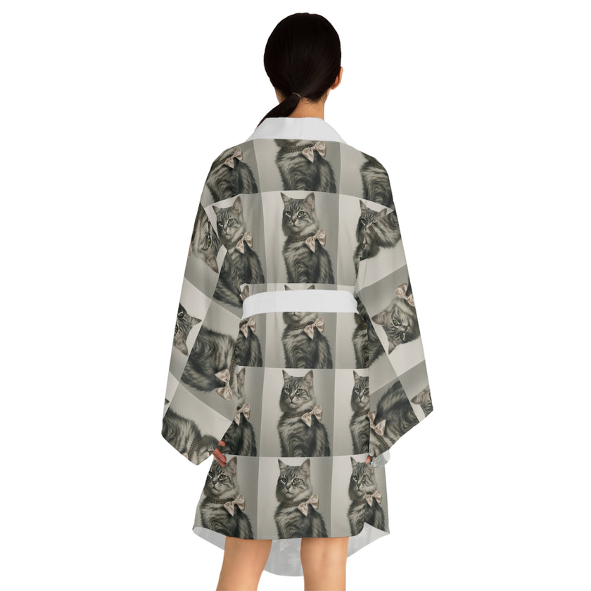 Glamourous Cat Pattern Long Sleeve Kimono Robe