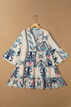 Boho button-front V-neck mini dress with three-quarter sleeves