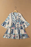 Boho Buttoned V-Neck 3/4 Sleeve Mini Dress