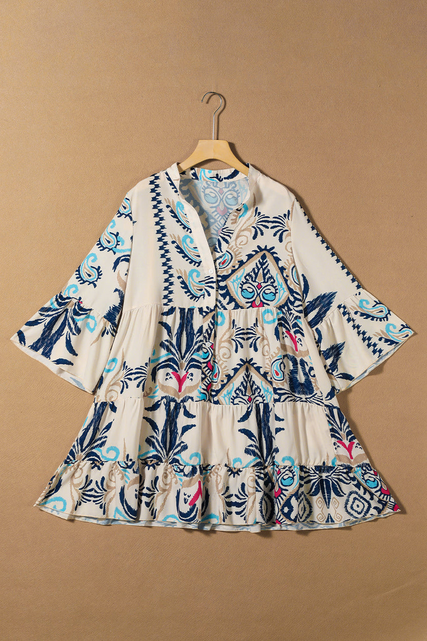 Boho Buttoned V-Neck 3/4 Sleeve Mini Dress