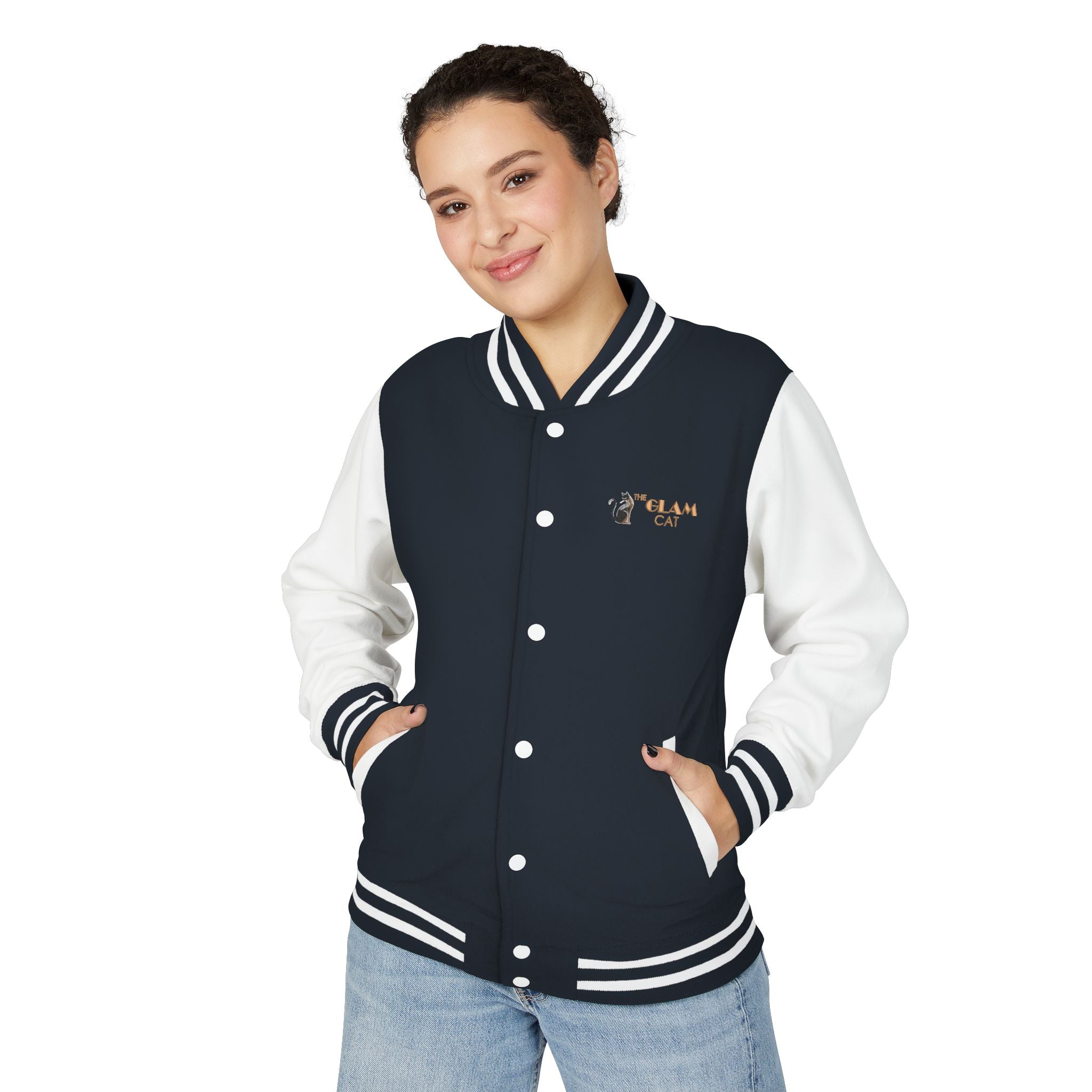 The Glam Cat Embroidered Vintage Varsity Bomber Jacket