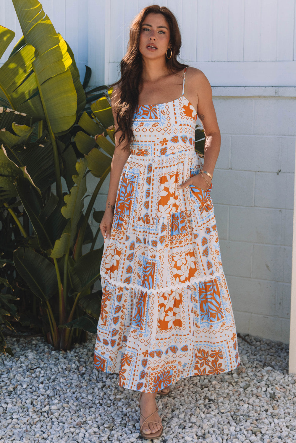 Floral Ricrac Trim Spaghetti Strap Dress