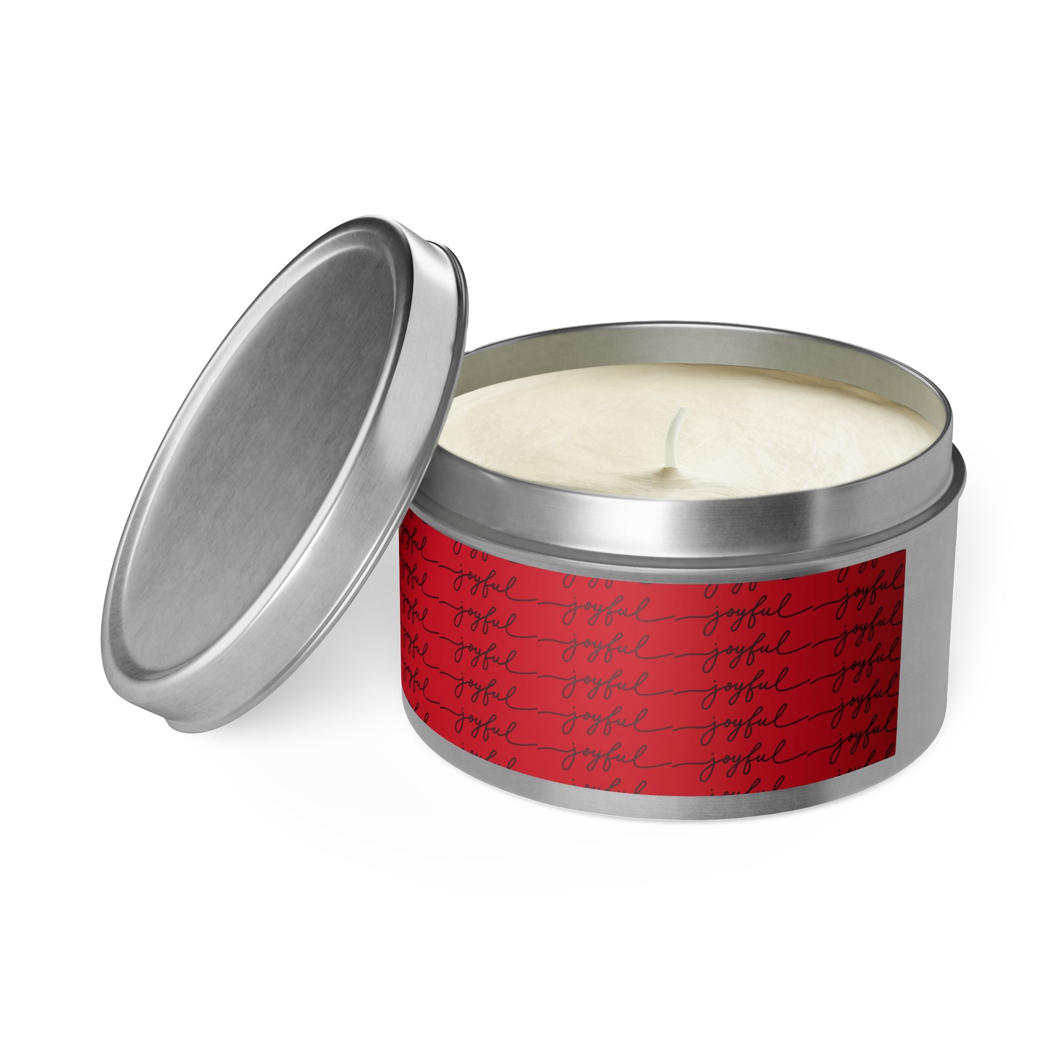 Eco-Friendly Red 'Joyful' Script Scented Tin Candle