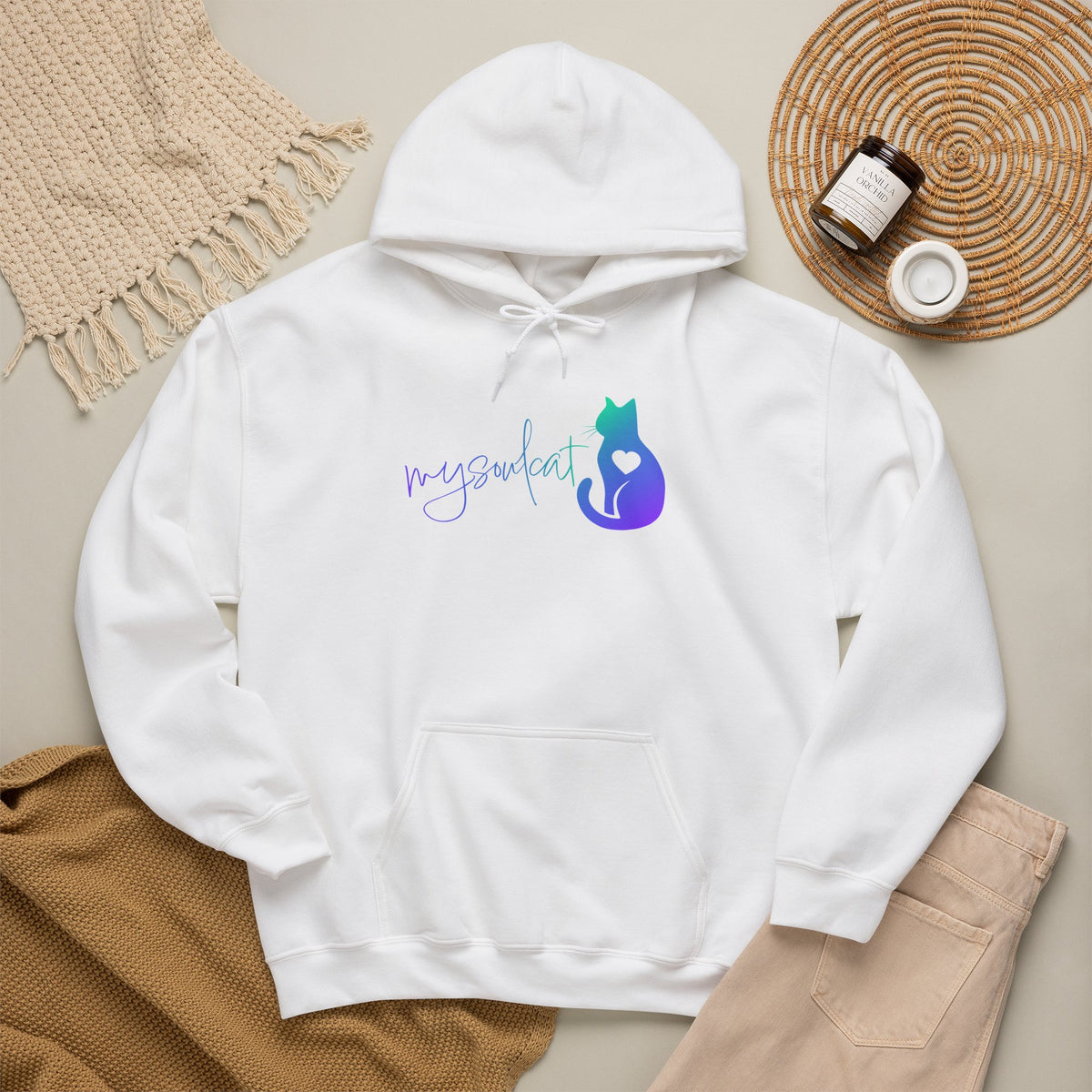 MySoulCat Aurora unisex pullover hoodie with teal blue purple cat design