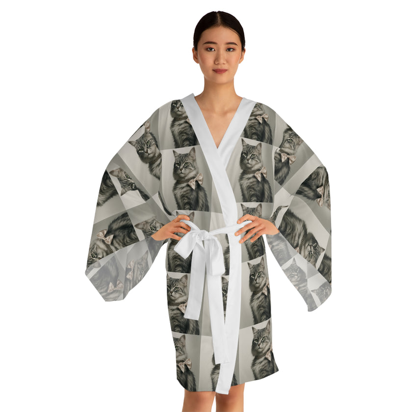 Glamourous Cat Pattern Long Sleeve Kimono Robe