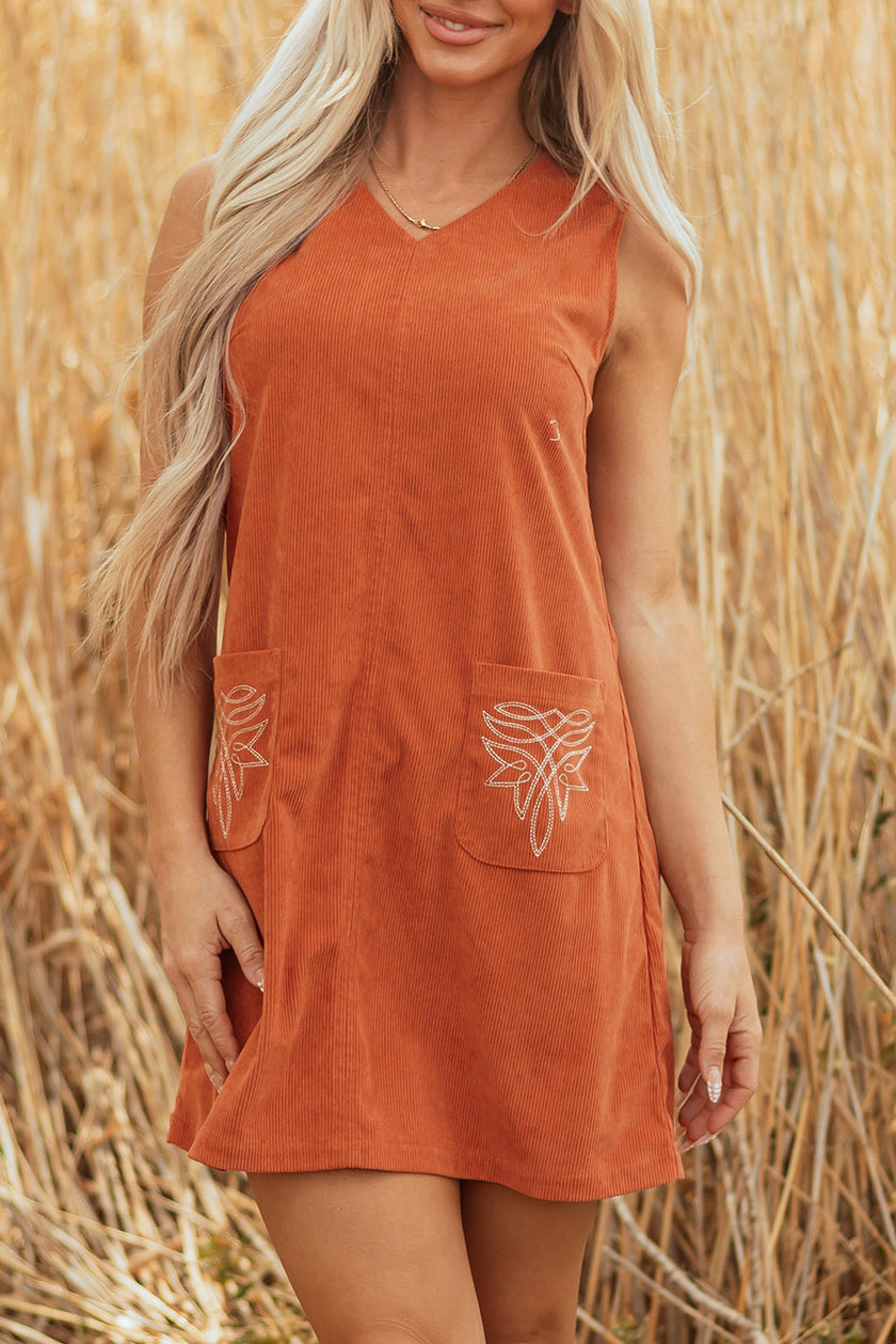 Western Corduroy Embroidered Patch Pocket Dress