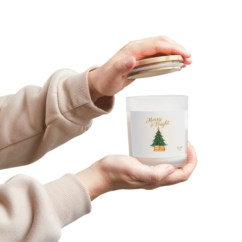 Merry & Bright Evergreen with Sleeping Cat Frosted Glass Candle — 11oz Holiday Scented Candle