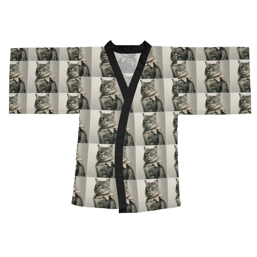 Glamourous Cat Pattern Long Sleeve Kimono Robe
