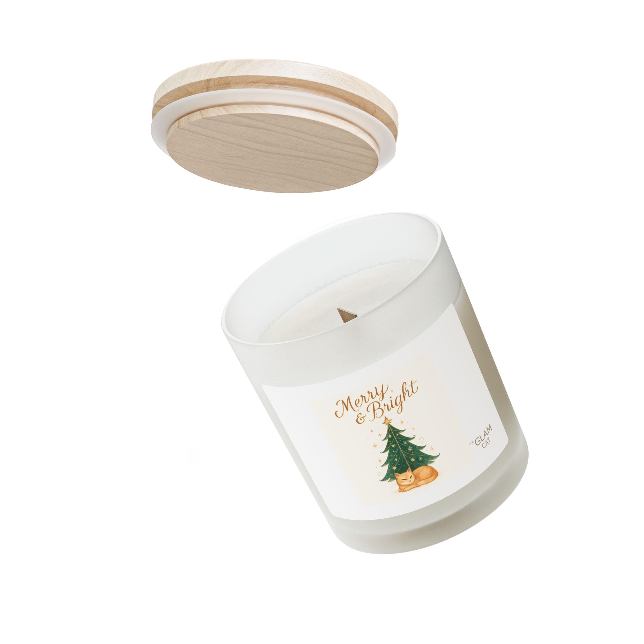 Merry & Bright Evergreen with Sleeping Cat Frosted Glass Candle — 11oz Holiday Scented Candle