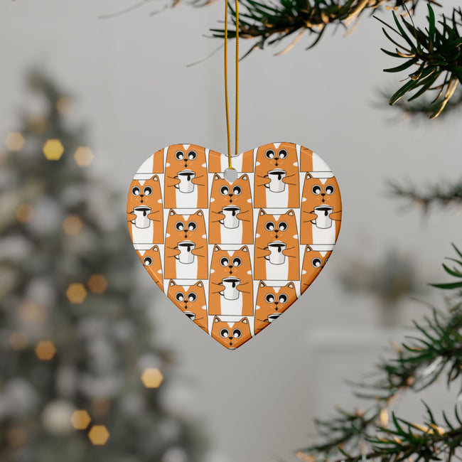 Orange Cat Drinking Coffee Ceramic Double‑Sided Ornament (Round, Heart, Star or Snowflake)