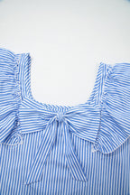 Striped bow-back blouse with ruffle sleeves and square neckline
