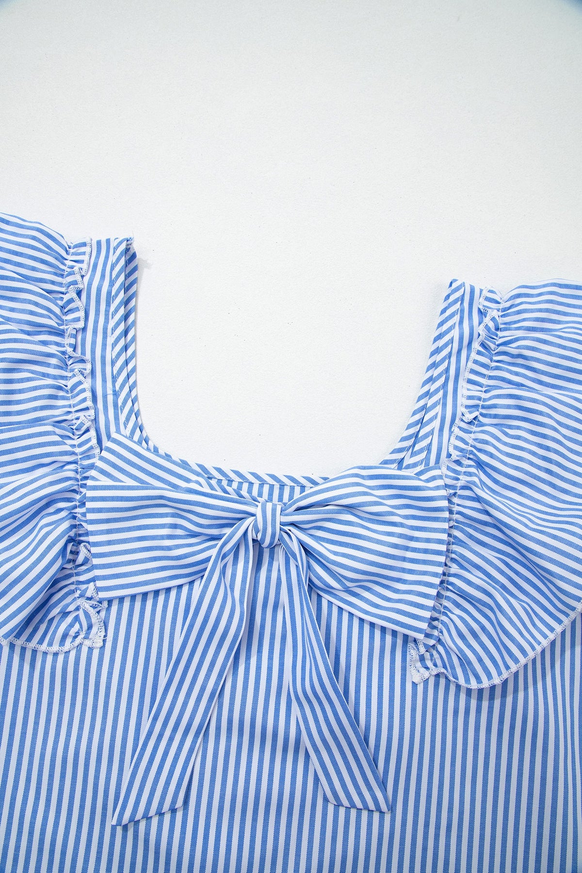 Striped bow-back blouse with ruffle sleeves and square neckline