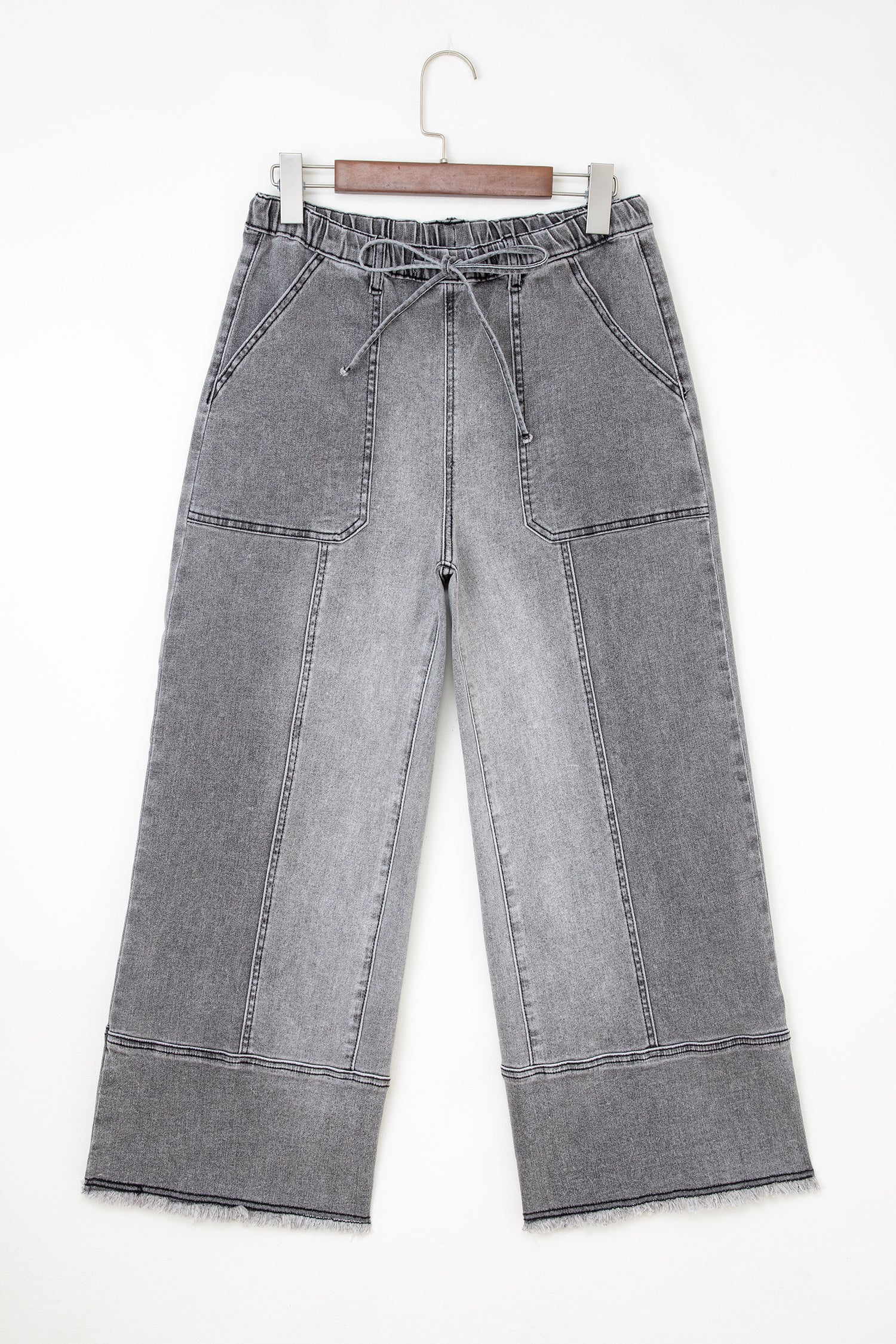 Raw Hem Denim Drawstring Wide Leg Pants