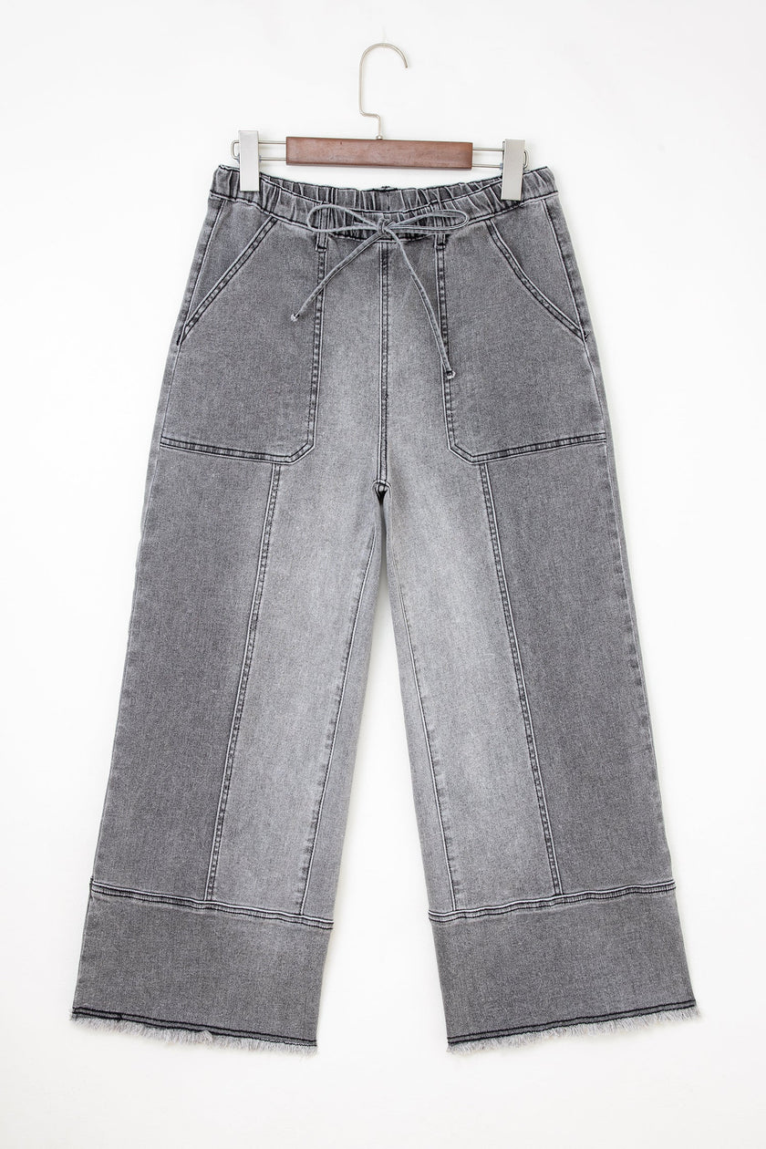 Raw Hem Denim Drawstring Wide Leg Pants