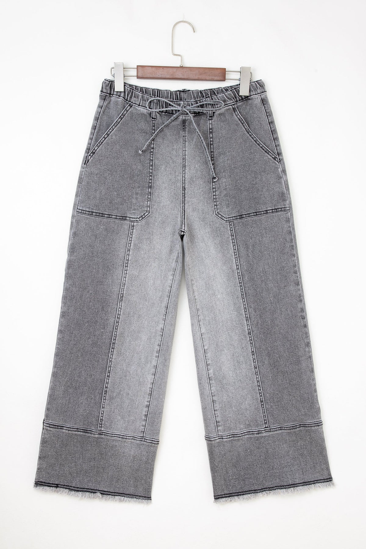 Raw hem wide-leg denim pants with drawstring waist