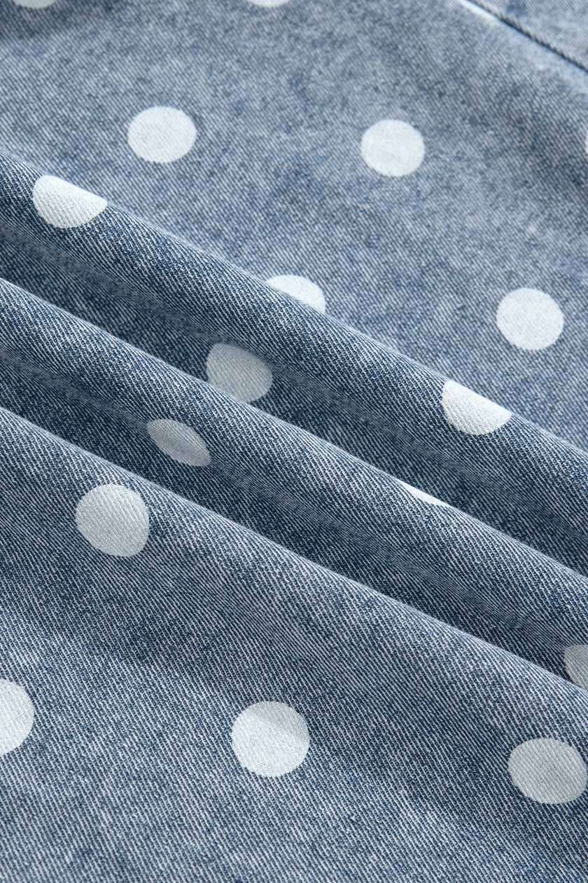Polka Dot Denim Tie V-Neck Pleated Romper