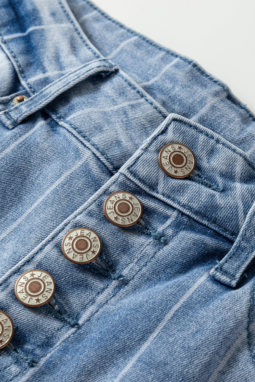Pinstripe denim wide-leg jeans with multi-button front