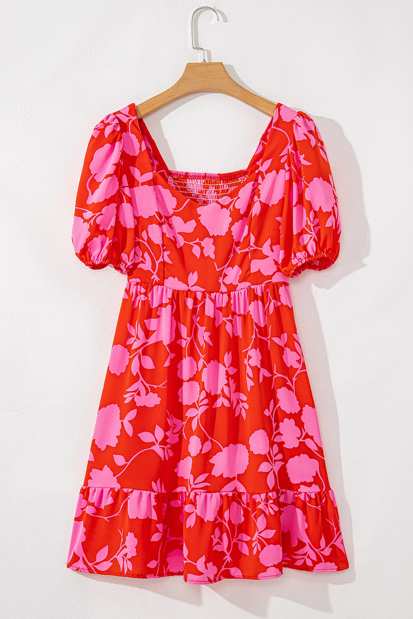 Sweetheart Neck Bubble Sleeve Ruffle Dress