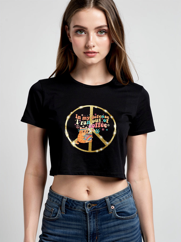‘In My Defense I Ran Out of Coffee’ Retro Cat Graphic Cropped Tee