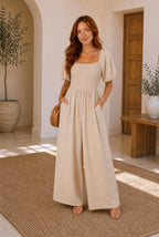 Neutral bubble-sleeve smocked wide-leg jumpsuit with square neckline
