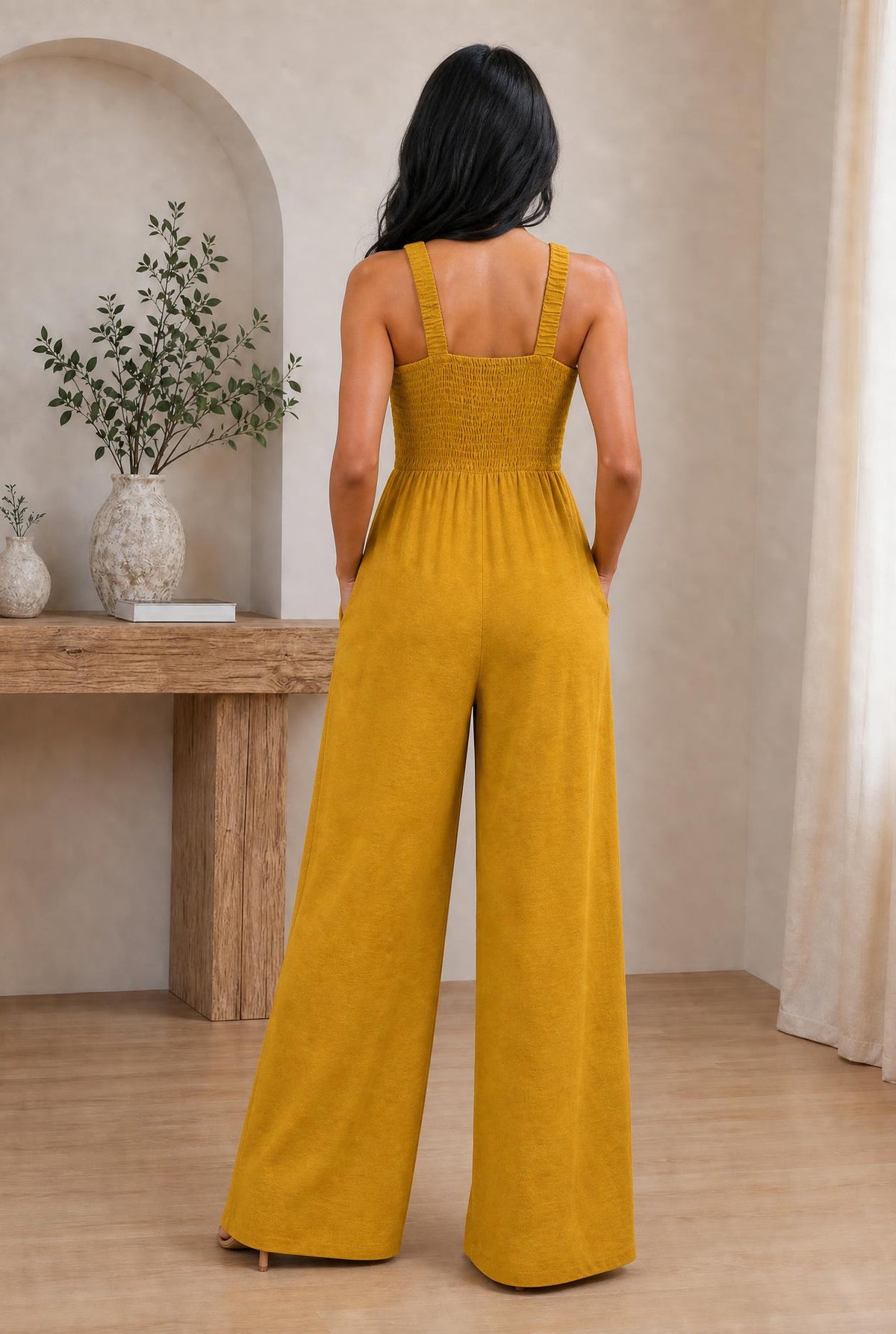 Smocked sleeveless wide-leg jumpsuit
