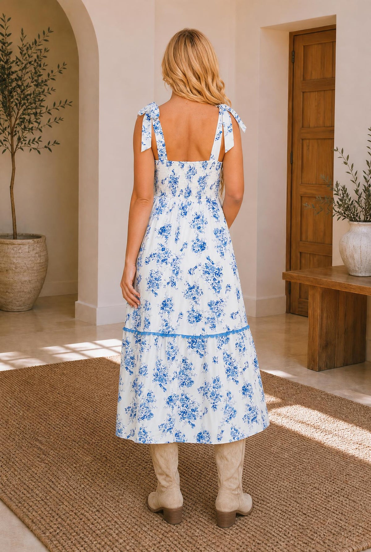 Floral Shirred Bodice Knot Shoulder Dress — The Glam Cat