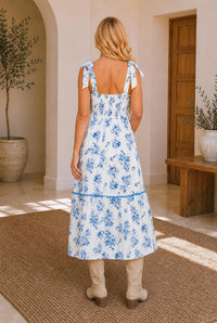 Floral Shirred Bodice Knot Shoulder Dress — The Glam Cat