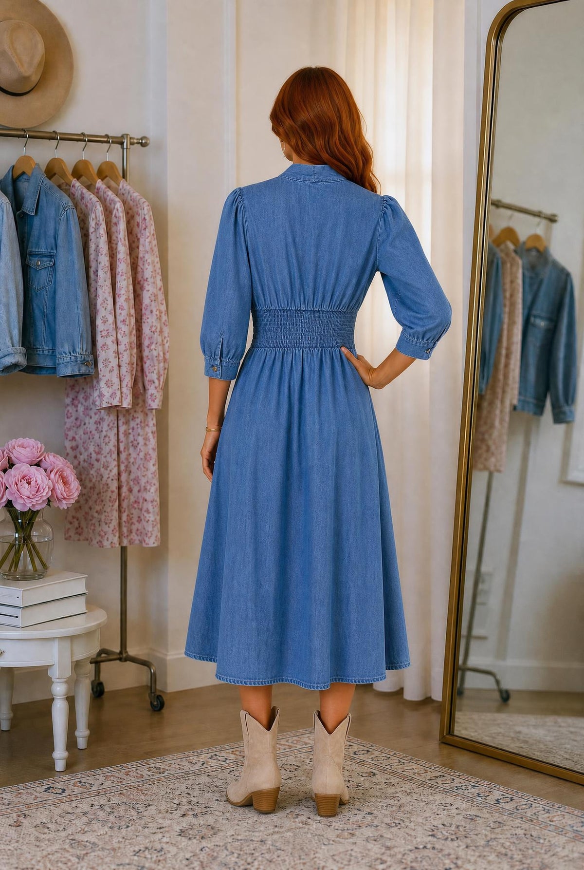 Denim Shirred Waist Zip-Up Dress — The Glam Cat