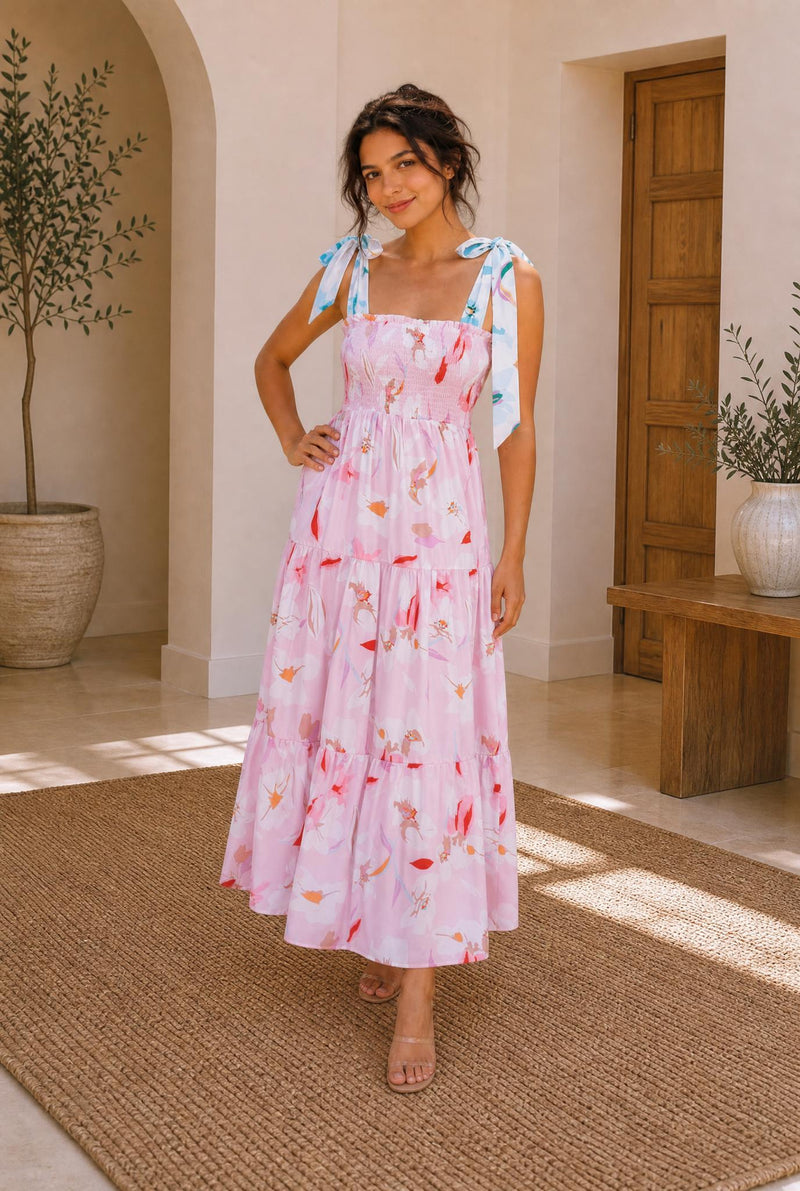 Floral Knotted Shoulder Smocked Maxi Dress — The Glam Cat