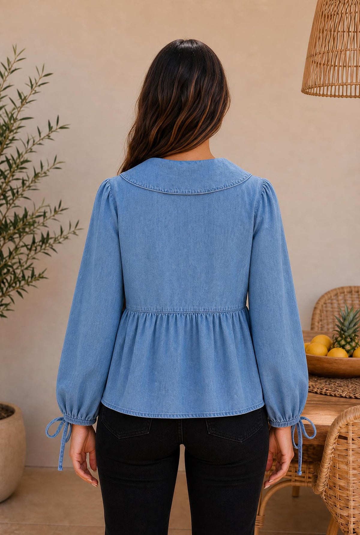 Denim Lapel Collar Balloon Sleeve Peplum Top — The Glam Cat