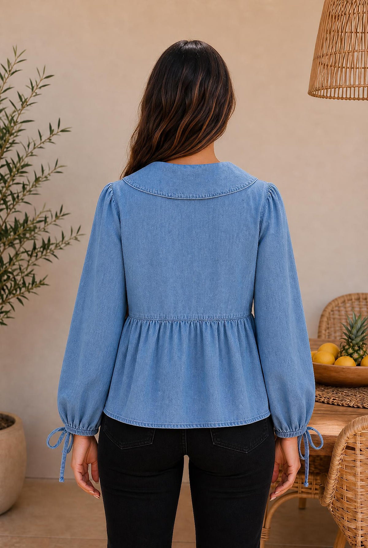 Denim Balloon Sleeve Peplum Top — The Glam Cat
