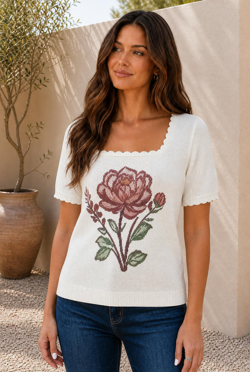 Western Floral Scalloped Neck Knit Top — The Glam Cat