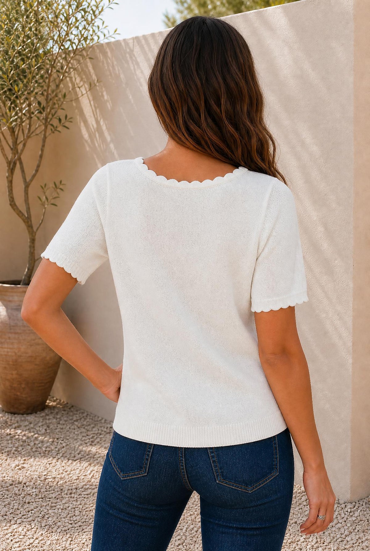 Western Floral Scalloped Neck Knit Top — The Glam Cat